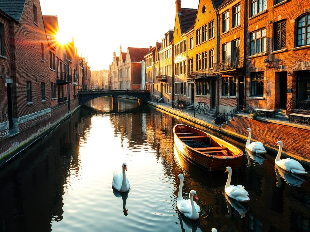 Brugge canal at golden hour with a small wooden boat, medieval brick houses on both sides reflected in still water, and white swans in warm amber light