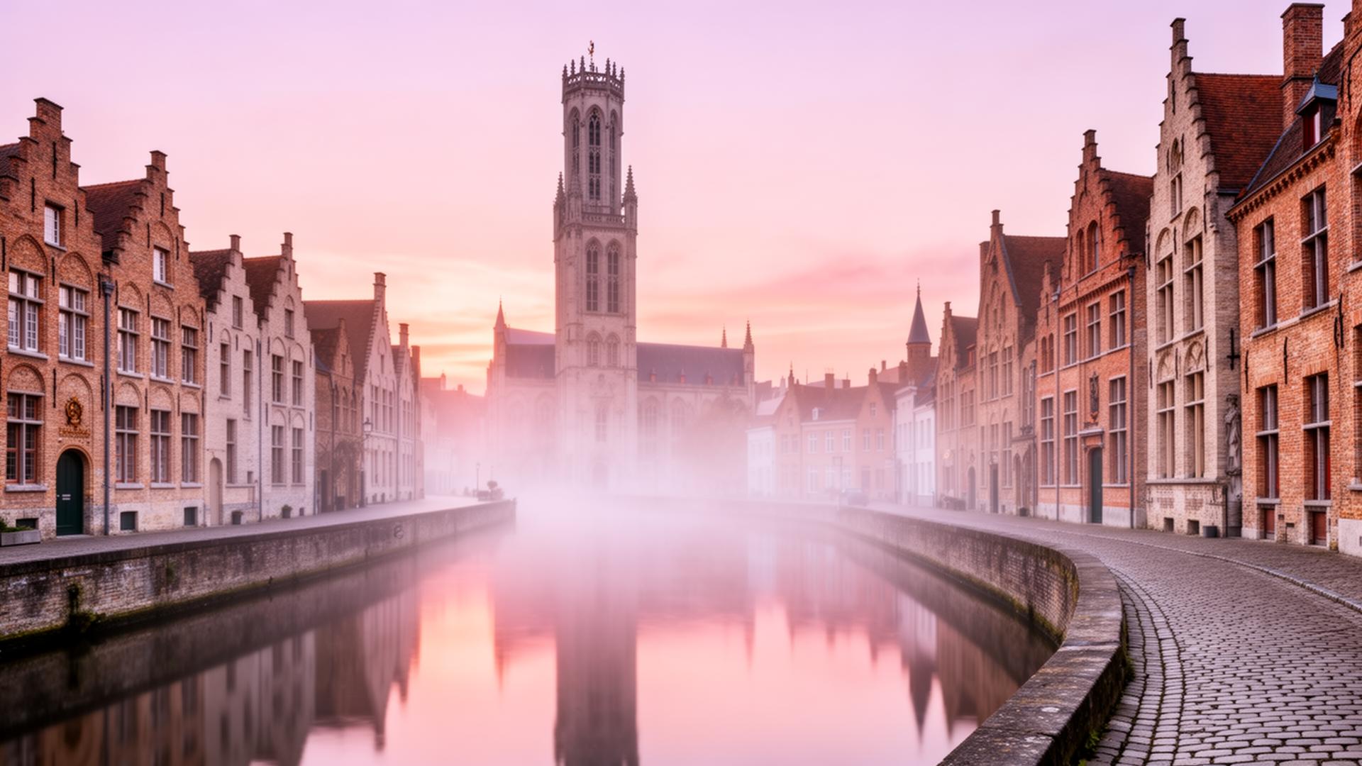 Panoramic Brugge medieval old town at first light with the Belfry tower and stepped-gable houses reflected in misty canals at sunrise