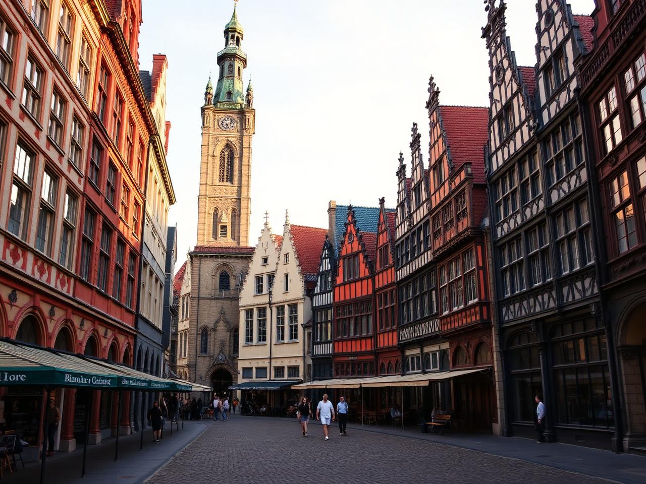 Markt square Brugge with medieval Belfry tower and colourful stepped-gable guildhalls in soft late afternoon light