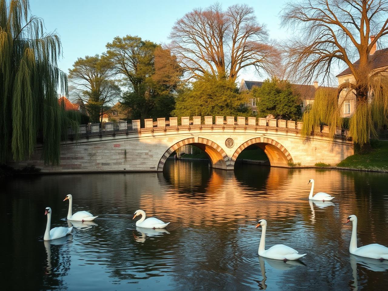 Minnewater lake of love Brugge with arched stone bridge, willow trees, white swans and serene atmosphere in soft late afternoon light