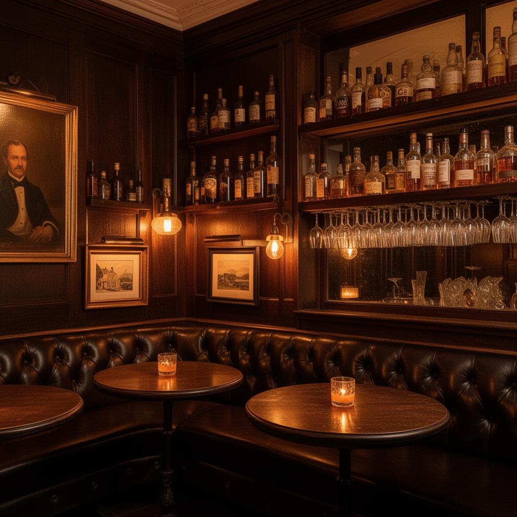 The Groot Vlaenderen cocktail bar Brugge historic low-lit interior with dark wood paneling, leather banquettes, antique bottles on shelves and warm amber lighting