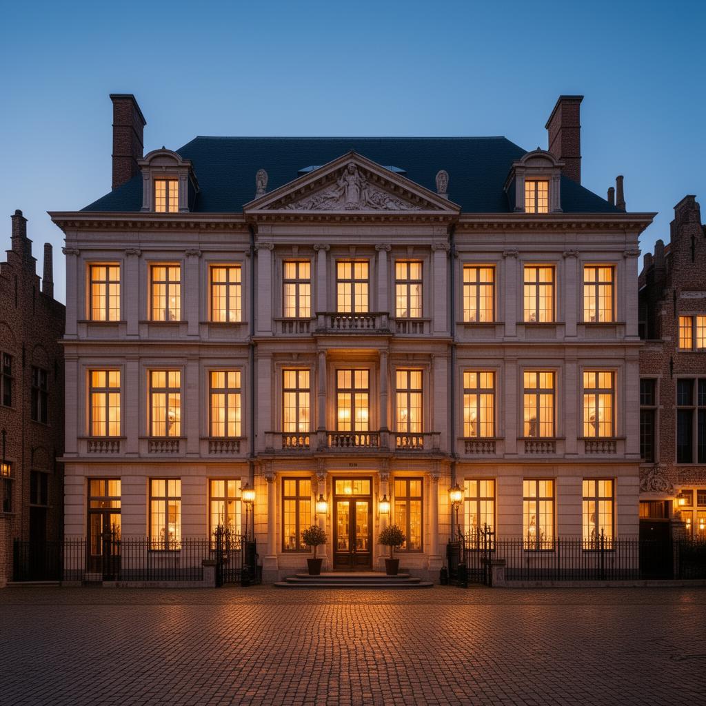 Hotel Heritage Brugge boutique luxury hotel set in 19th century mansion with elegant classical façade, glowing windows at dusk and warm welcoming light