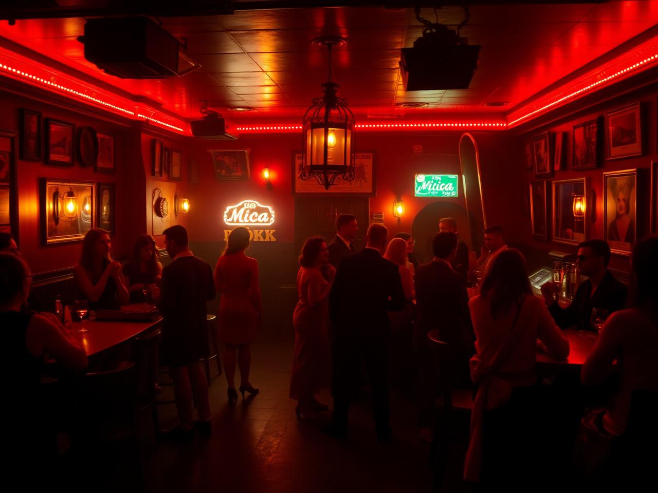 Ma Rica Rokk Brugge intimate dance bar with warm red lighting, vintage decor and a lively close crowd dancing in atmospheric haze