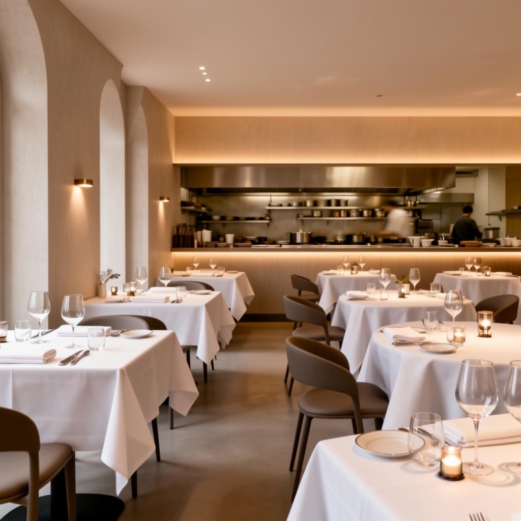 Sans Cravate Brugge Michelin-starred fine dining room with elegant minimal interior, white linen tables, warm soft lighting and an open kitchen visible at the far end