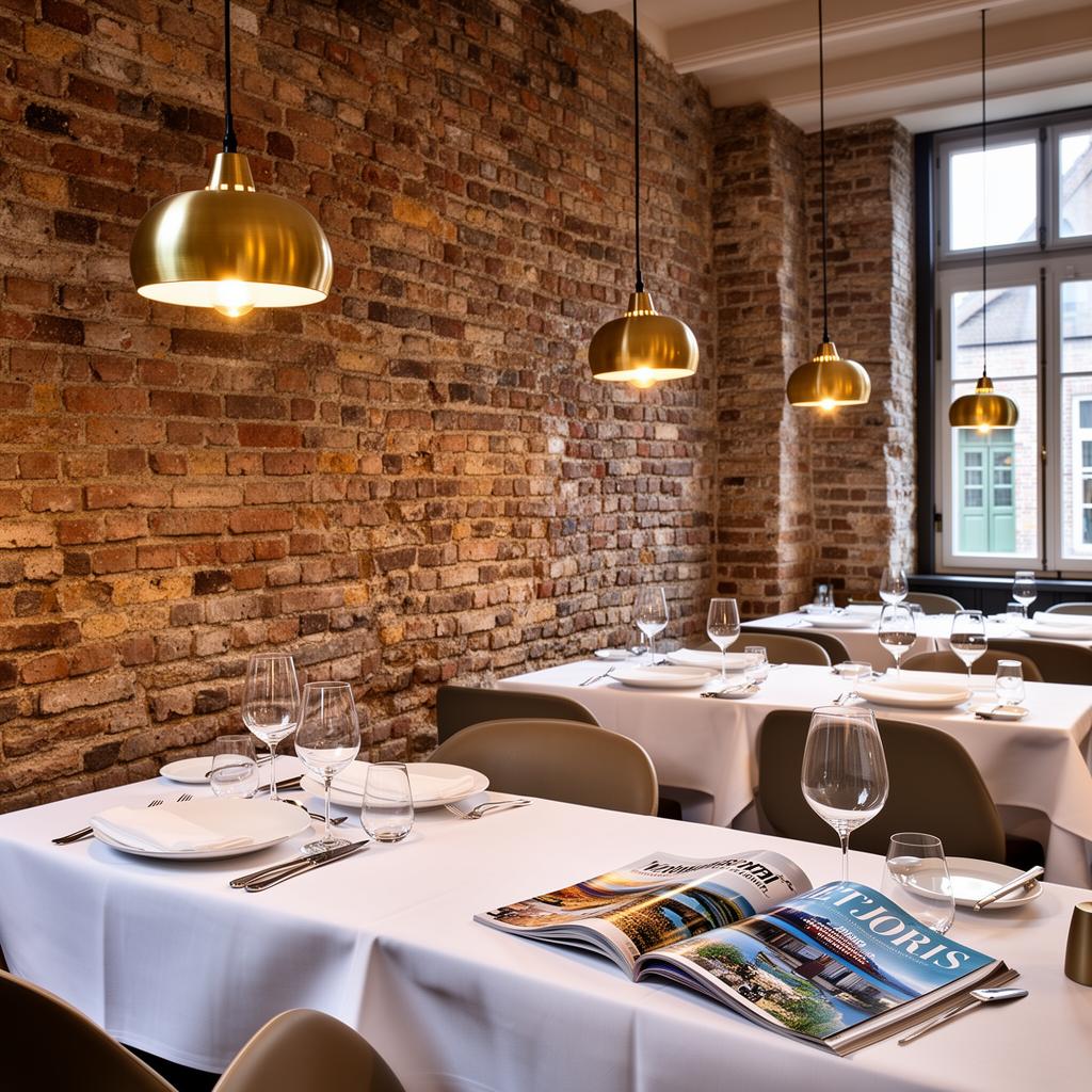 Zet'Joris on the Heuvel restaurant Brugge contemporary fine dining room with exposed medieval brick walls, white tablecloths, warm brass pendant lighting and elegant table settings