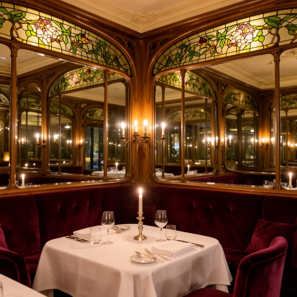 Comme Chez Soi Brussels Art Nouveau dining room with stained glass, mirrors, burgundy velvet banquettes, candlelight and a refined table set for two