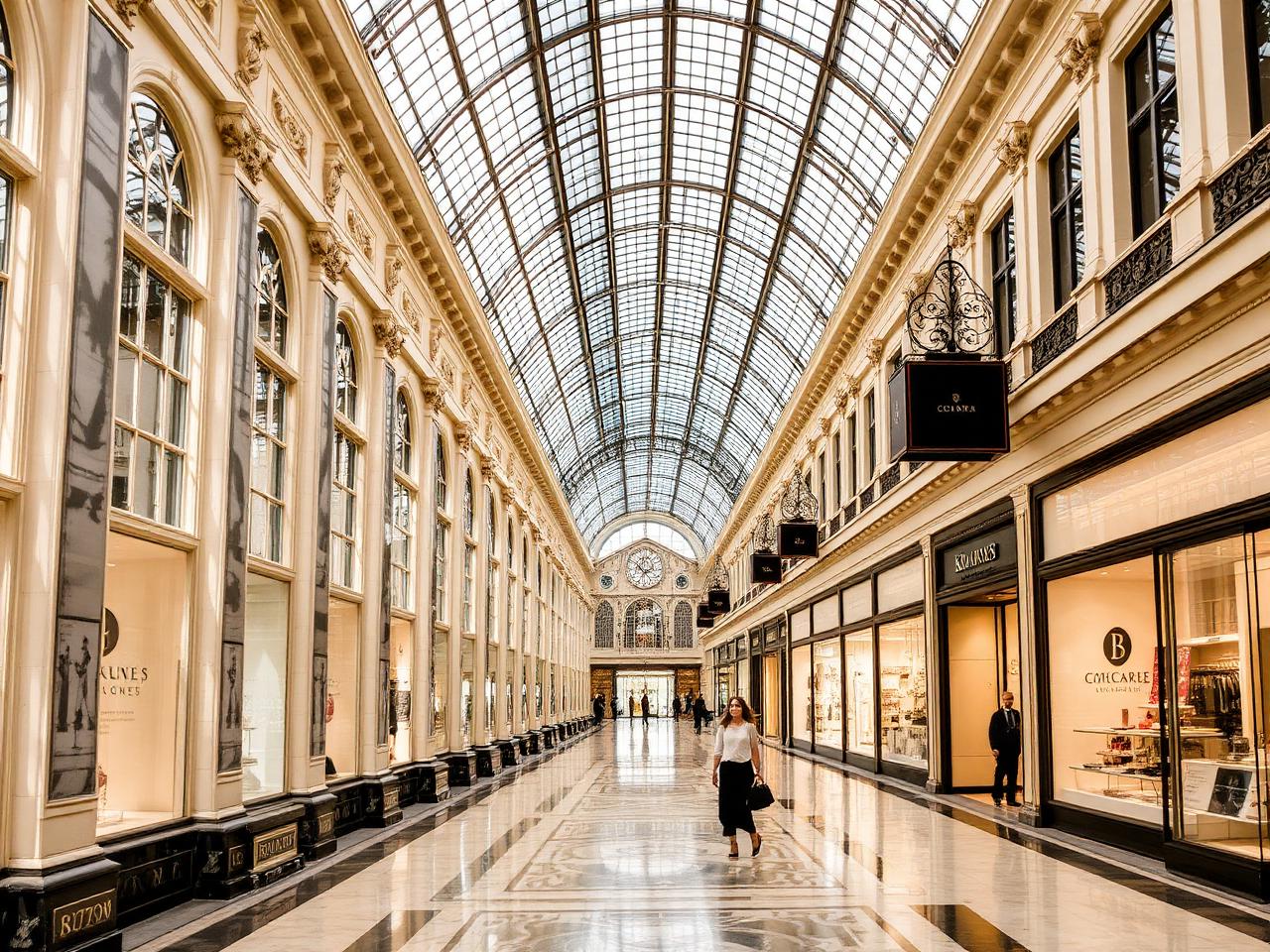 Galeries Royales Saint-Hubert Brussels 19th century glass-roofed shopping arcade with marble floors, refined boutiques and soft daylight from arched glass ceiling