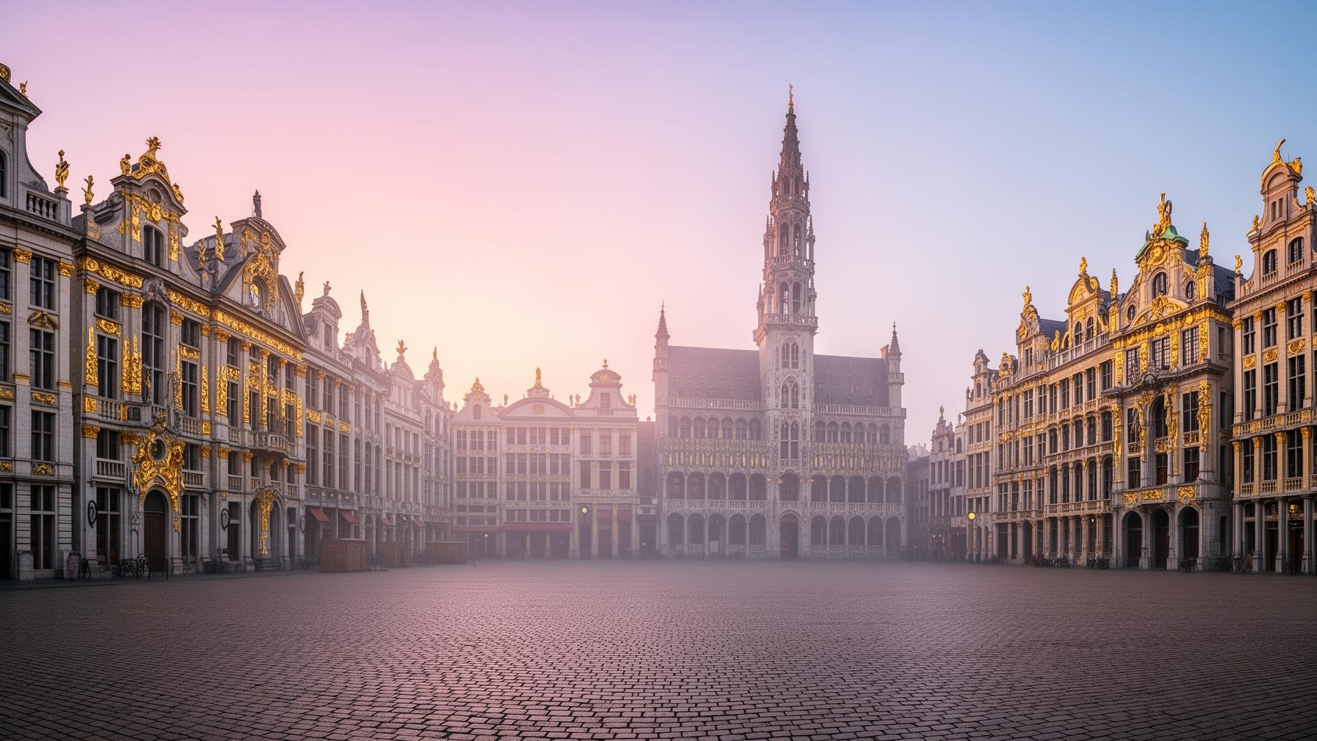 Panoramic Brussels Grand Place at first light with the gilded baroque guildhalls catching the soft pastel sunrise and the Hôtel de Ville spire