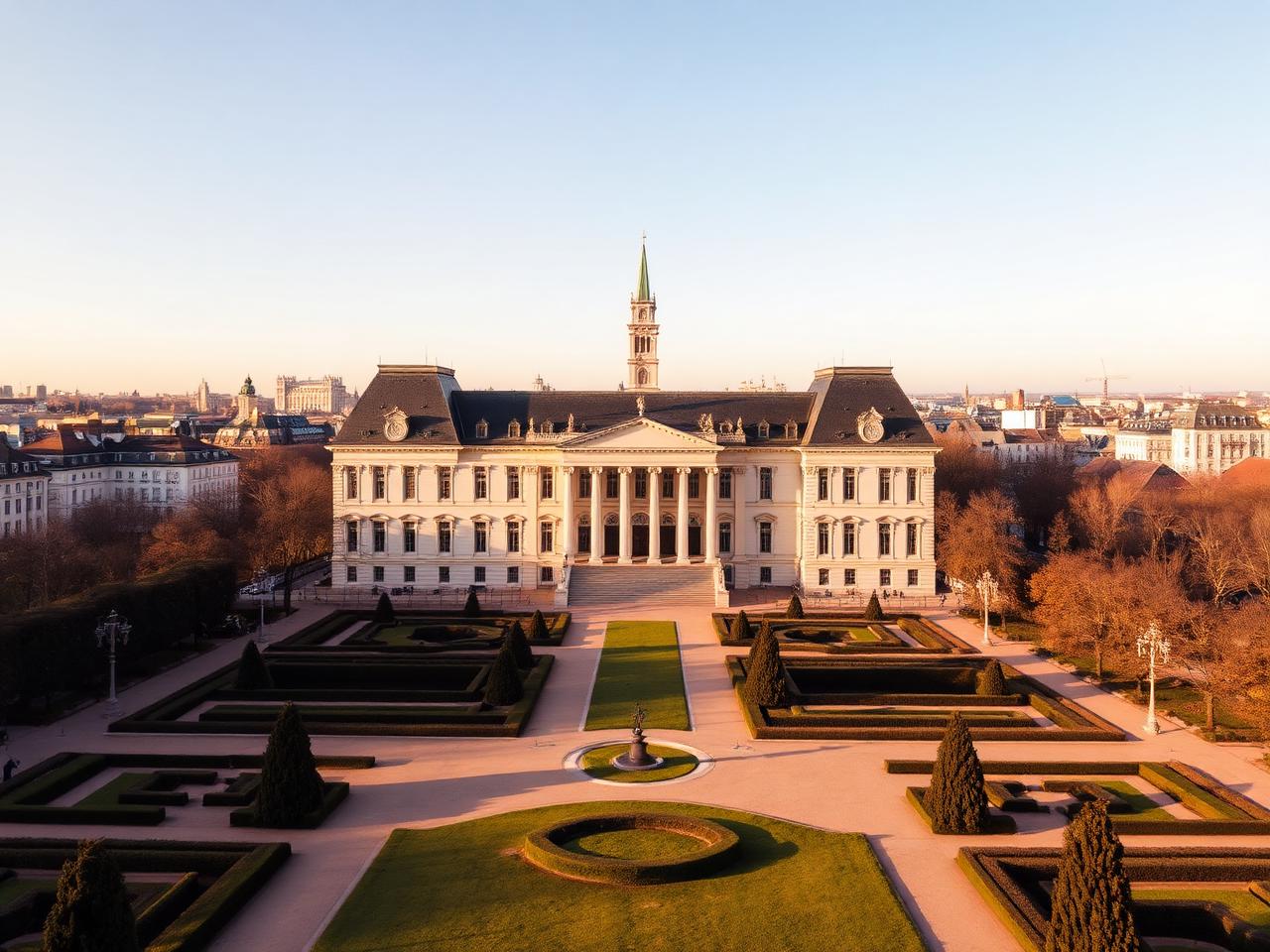 Brussels Mont des Arts area with neoclassical architecture, formal gardens and the Hôtel de Ville spire visible in soft afternoon light