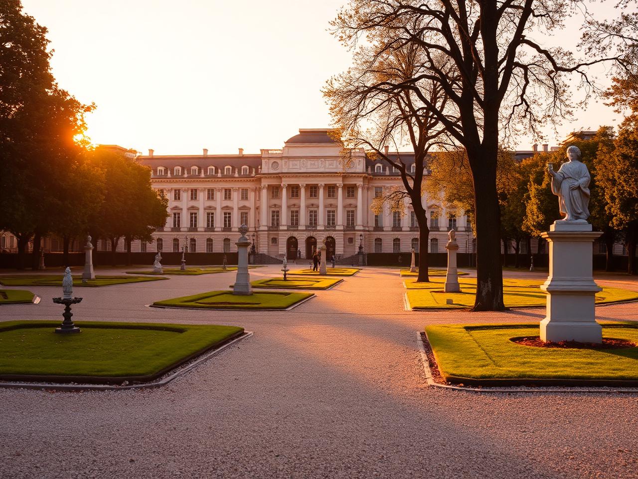 Parc Royal Brussels at golden hour with manicured gravel paths, classical statues, mature trees and the neoclassical Royal Palace façade in the background