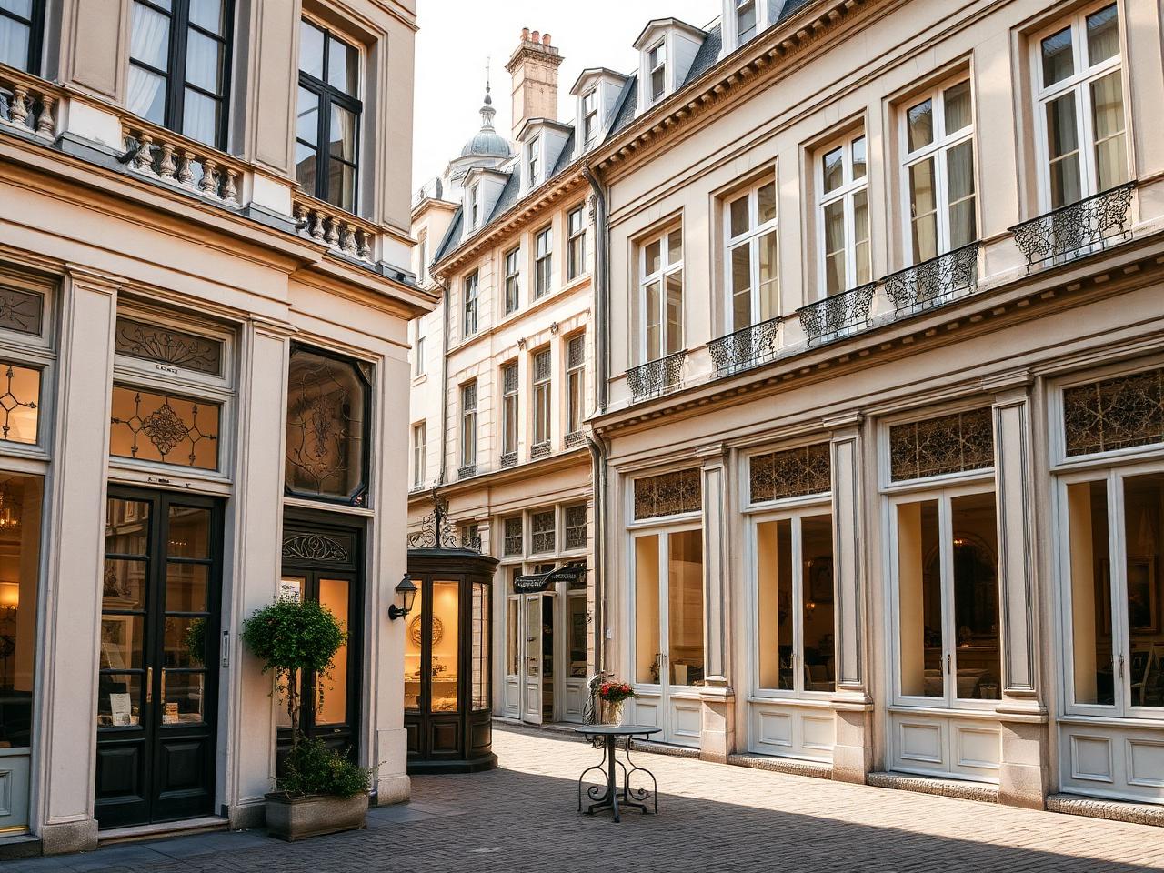 Brussels Sablon district with elegant antique shops, refined limestone façades and a quiet square with a small terrace in soft afternoon light