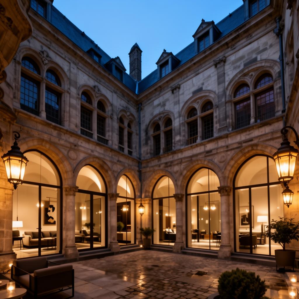 The Dominican Brussels boutique hotel arched cloister courtyard at dusk with glowing lanterns, modern interiors visible through arched windows and historic stone walls
