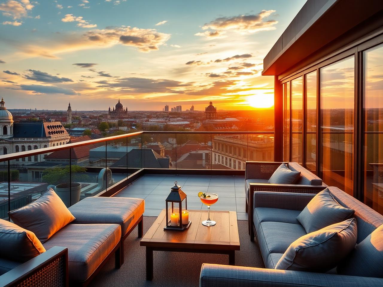 The Eight Rooftop Cocktail Bar Brussels at sunset with low modern sofas, lanterns, craft cocktails on a wooden table and panoramic city skyline behind