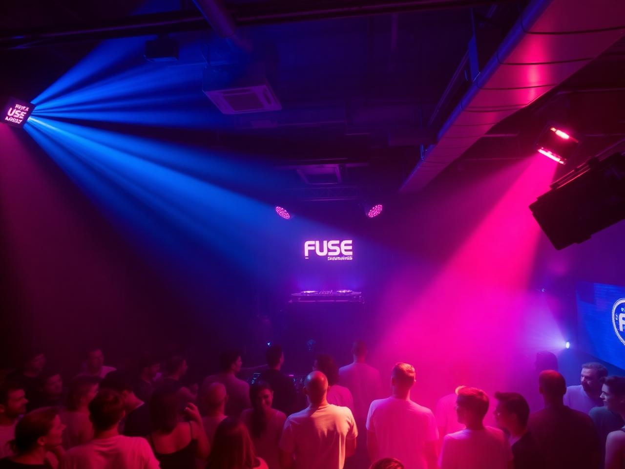 Fuse nightclub Brussels with industrial dark interior, blue and magenta lighting, atmospheric haze and a stylish crowd on the dance floor