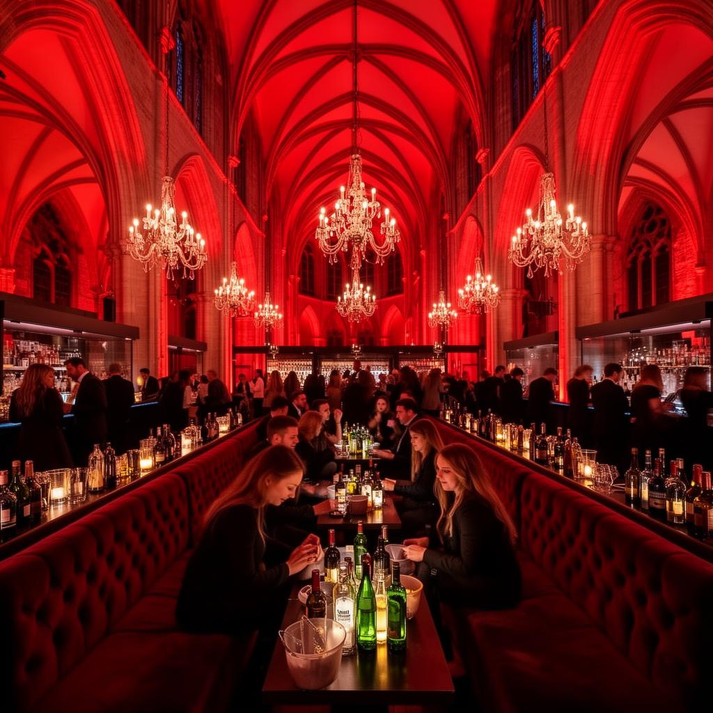 Spirito Brussels nightclub interior inside a former neo-gothic chapel with vaulted ceilings, dramatic red lighting, chandeliers and velvet banquettes