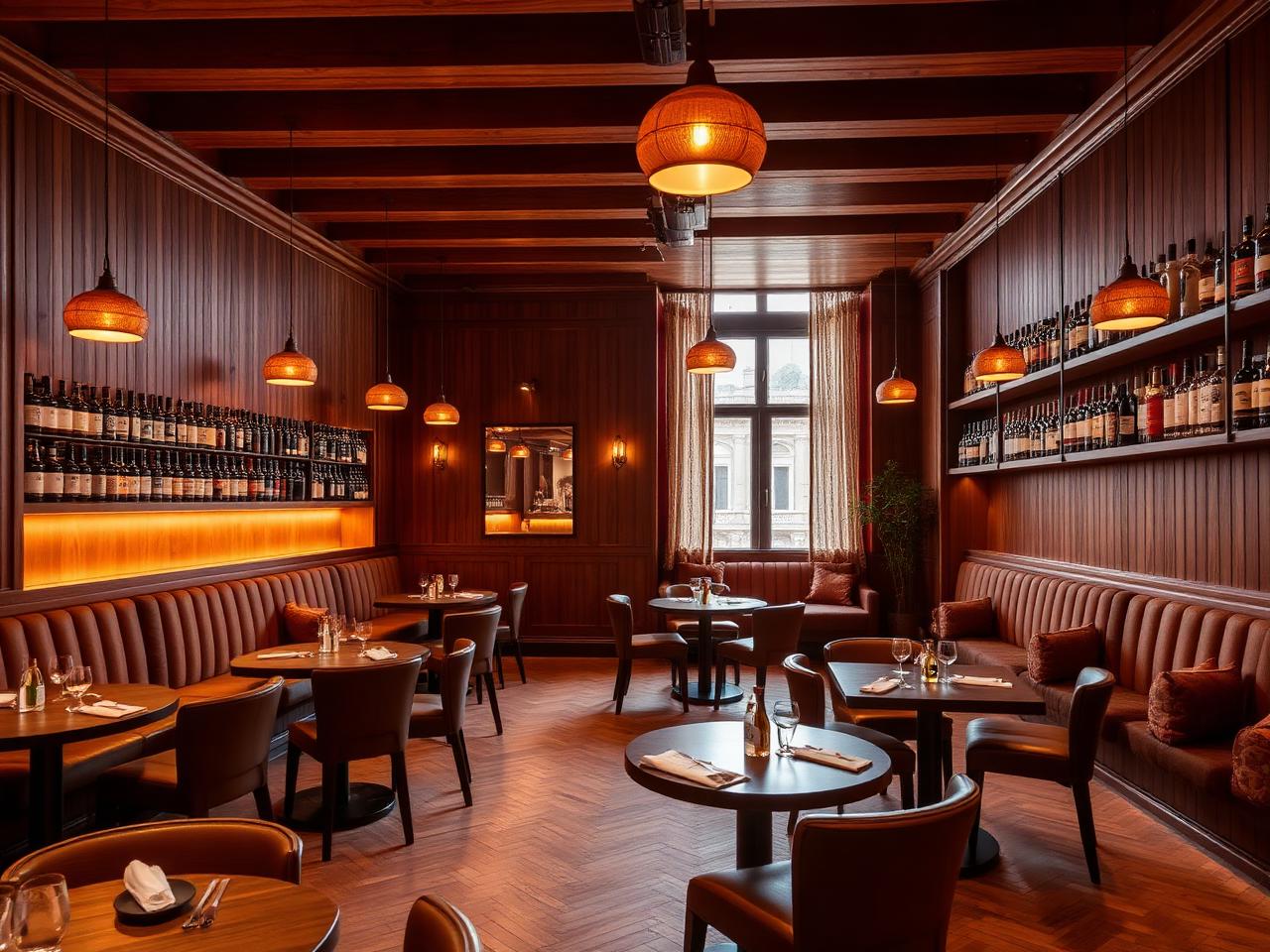 Tope Brussels intimate cocktail bar interior with warm wood paneling, terracotta tones, low amber pendant lighting and mezcal bottles on shelves