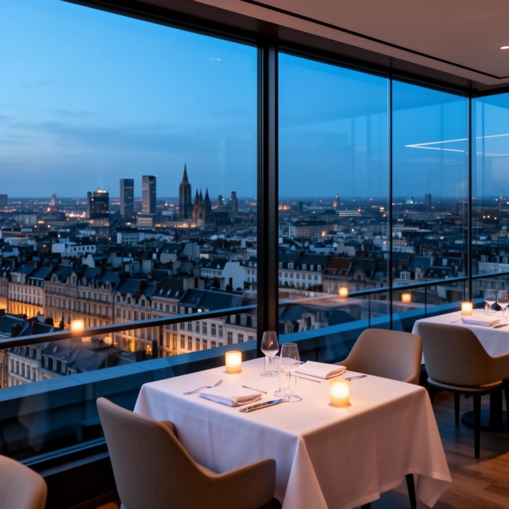 La Villa in the Sky Brussels glass-walled rooftop fine dining room at blue hour with panoramic city skyline, white linen tables and intimate candlelight