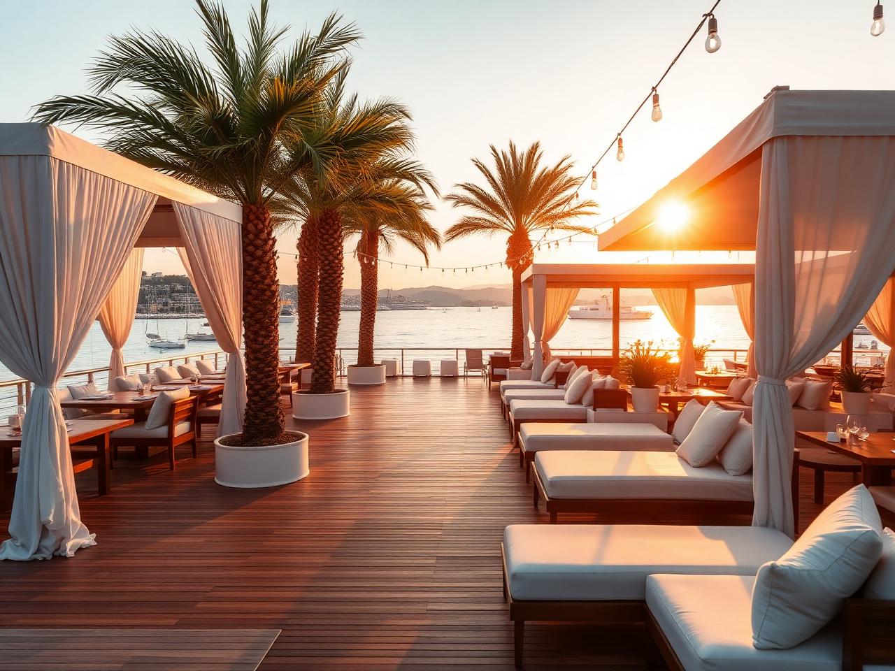 Baôli Cannes refined upscale beach club restaurant and lounge at golden hour with white draped cabanas, polished wood deck, cream cushions, palm trees and the Mediterranean glittering