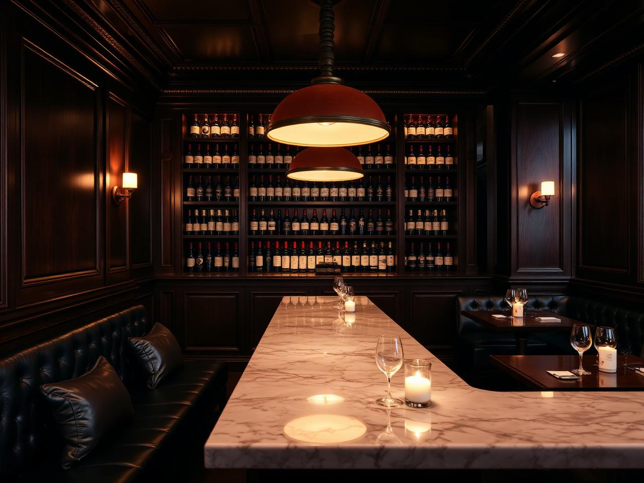 Le Bar à Vin Cannes refined intimate wine bar interior with dark wood paneling, leather banquettes, shelves of bottles behind a polished marble counter and candlelit tables