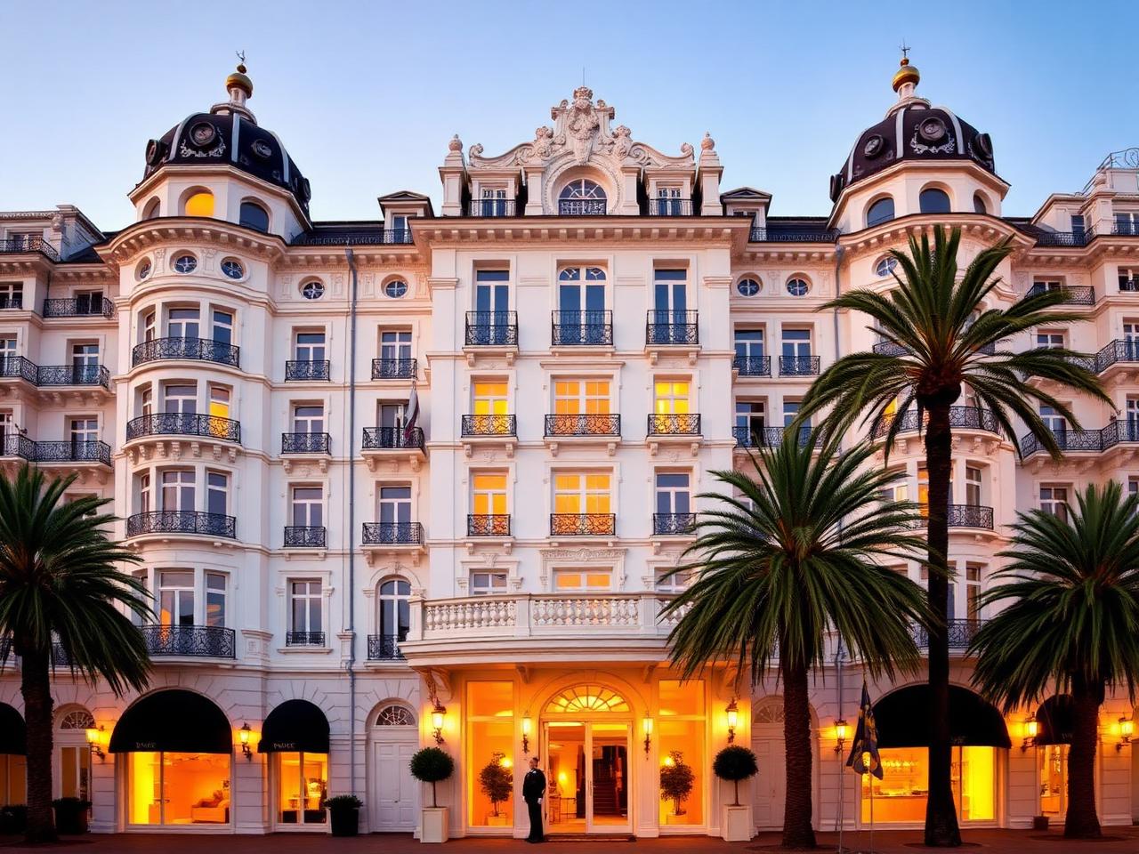 InterContinental Carlton Cannes iconic grand white Belle Époque luxury palace hotel facade on the Croisette at golden hour with ornate stucco and twin domed cupolas