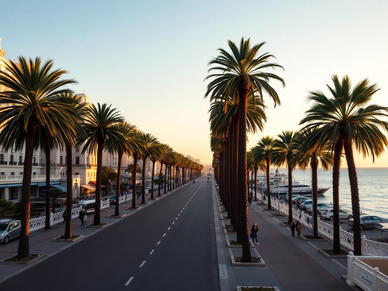 Boulevard de la Croisette in Cannes at golden hour with tall palm trees, the wide pedestrian promenade, the white Belle Époque palace hotels and the turquoise Mediterranean