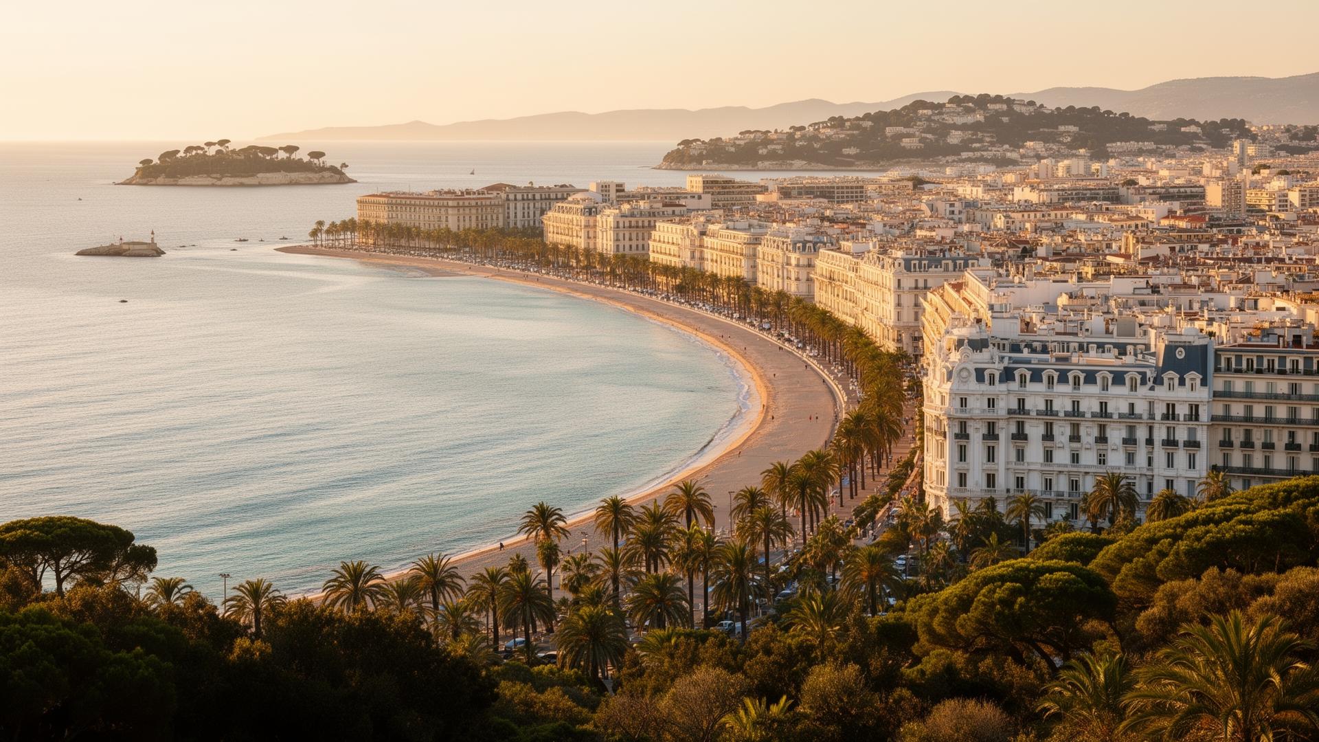 Panoramic morning view of Cannes from the hills with the Croisette curving along the Mediterranean, the white Belle Époque palace hotels lining the bay, palm trees and the Lerins islands in the distance