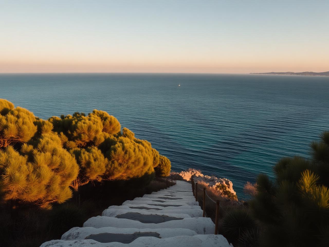 Île Sainte-Marguerite off Cannes at golden hour with pine forests meeting the turquoise Mediterranean, an empty stone path along the coast and the mainland faint in the distance