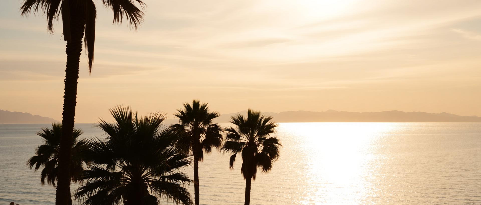 The Mediterranean off Cannes from a beach at last golden light with the turquoise sea reflecting soft pink and gold sky, palm trees silhouetted and the Esterel mountains faint on the horizon