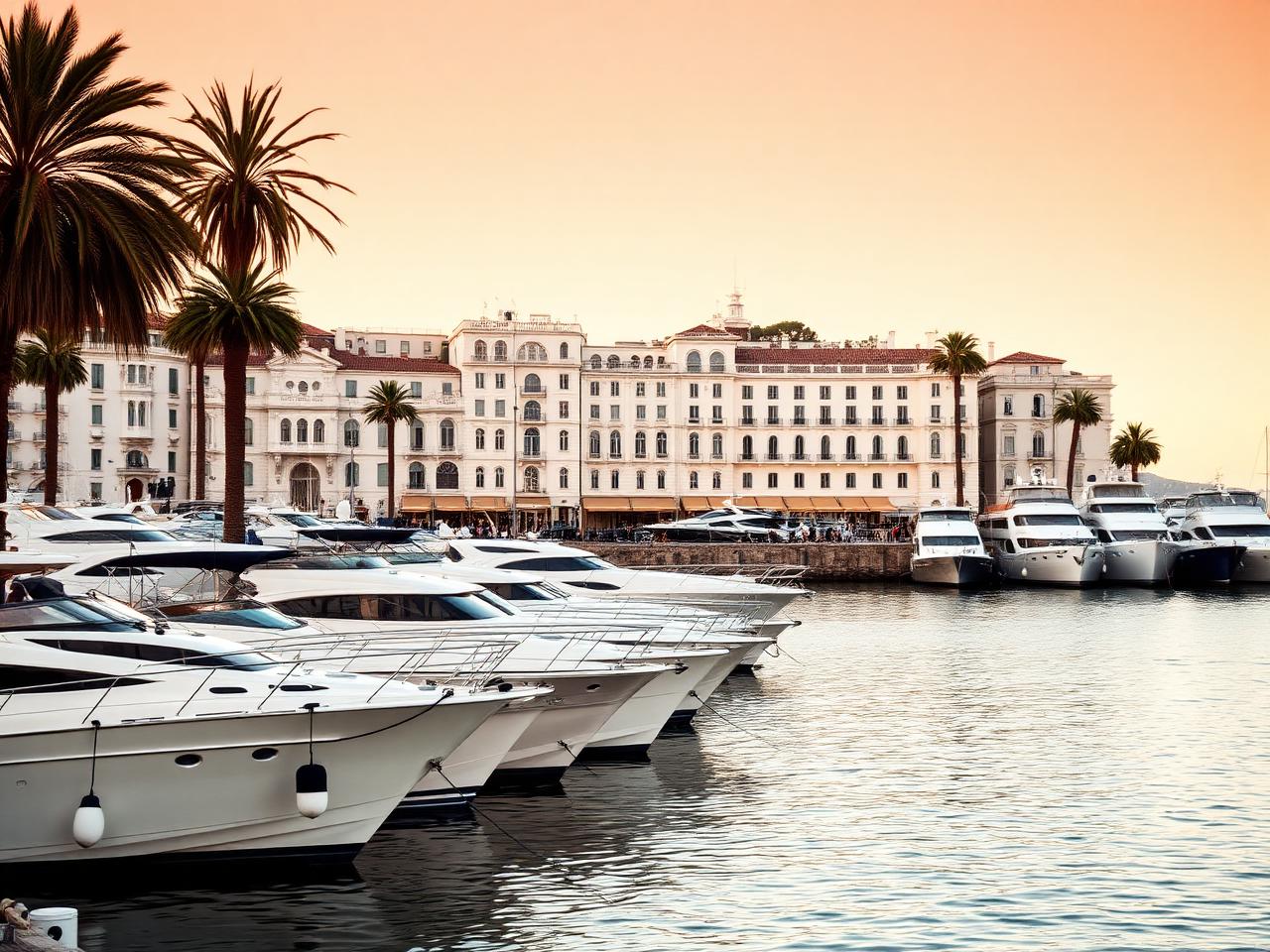 Vieux Port of Cannes at golden hour with elegant white yachts moored along the quay, the white Belle Époque buildings, palm trees and the Mediterranean