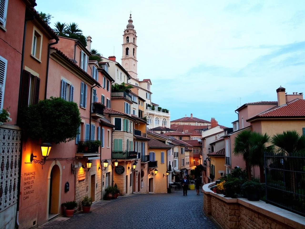 Old town Le Suquet of Cannes at dusk with narrow cobblestone streets winding up the hill, ochre and pastel Provençal stone houses, terracotta tile roofs and warm lamplight