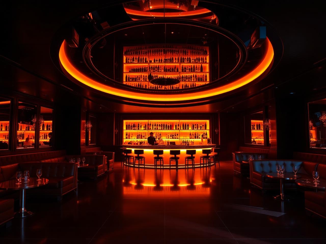 Gotha Club Cannes refined upscale nightclub interior with dramatic warm amber LED lighting, dark surfaces, leather banquettes, polished circular bar with champagne buckets and mirrored ceiling