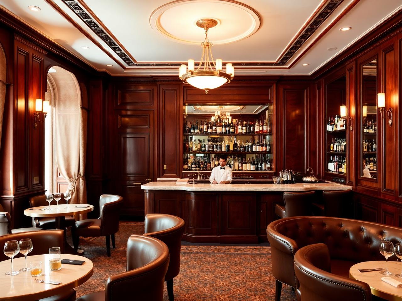 Harry's Bar Cannes refined classical hotel cocktail bar at the InterContinental Carlton with Art Deco mahogany paneling, brass fittings, leather banquettes and a white-jacketed bartender