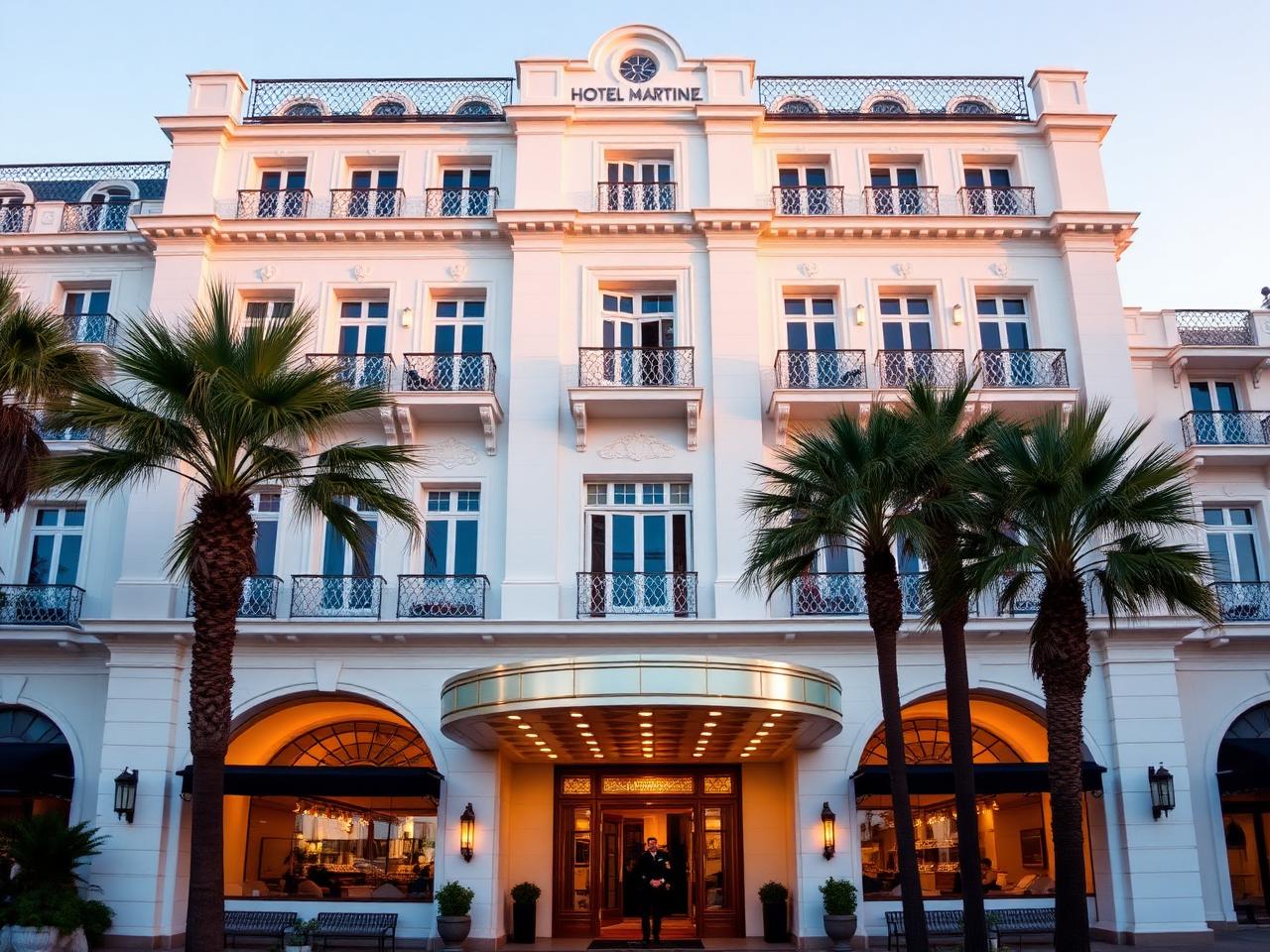 Hôtel Martinez Cannes iconic grand white Art Deco luxury palace hotel facade on the Croisette at golden hour with elegant balconies, palm trees, gleaming entrance canopy and a uniformed doorman