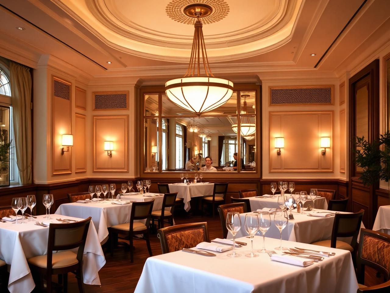 La Palme d'Or refined two Michelin star Art Deco fine dining room interior at the Hôtel Martinez Cannes with walnut paneling, white tablecloths, large arched windows and warm pendant lighting