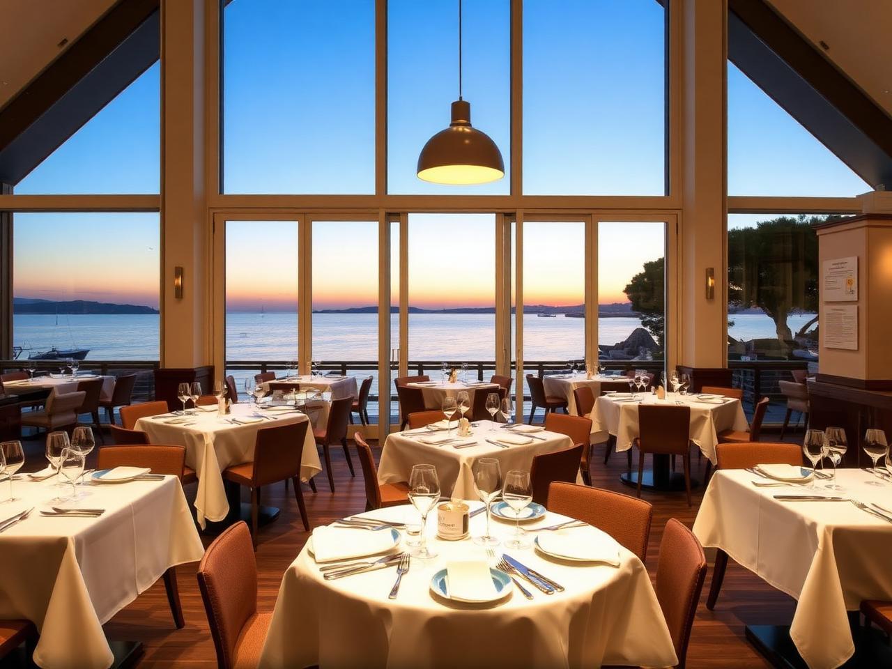 La Table de Patrick Raingeard refined Michelin-starred fine dining room interior near Cannes with large floor-to-ceiling windows opening onto the Mediterranean at dusk