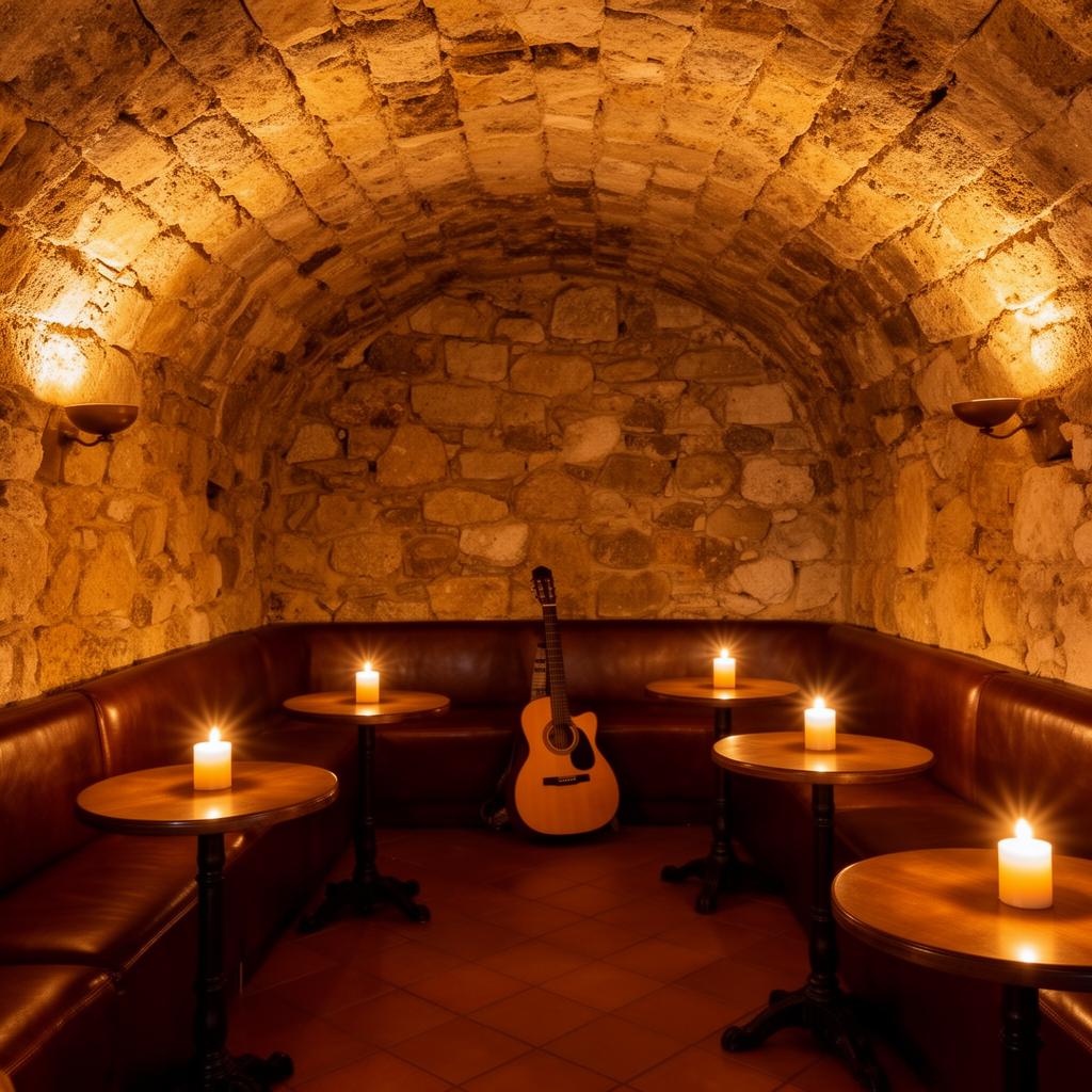 Taverna Anema e Core Capri iconic late-night taverna interior with stone vaulted ceiling, leather banquettes, small tables with candles and a guitar leaning against the wall in warm amber light