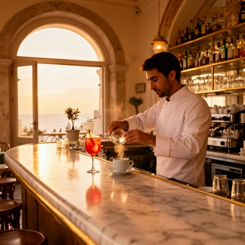 Bar Tiberio Capri refined Italian café and bar interior on the Piazzetta with marble counter, white-jacketed barman, espresso cups and a single Aperol spritz at golden hour