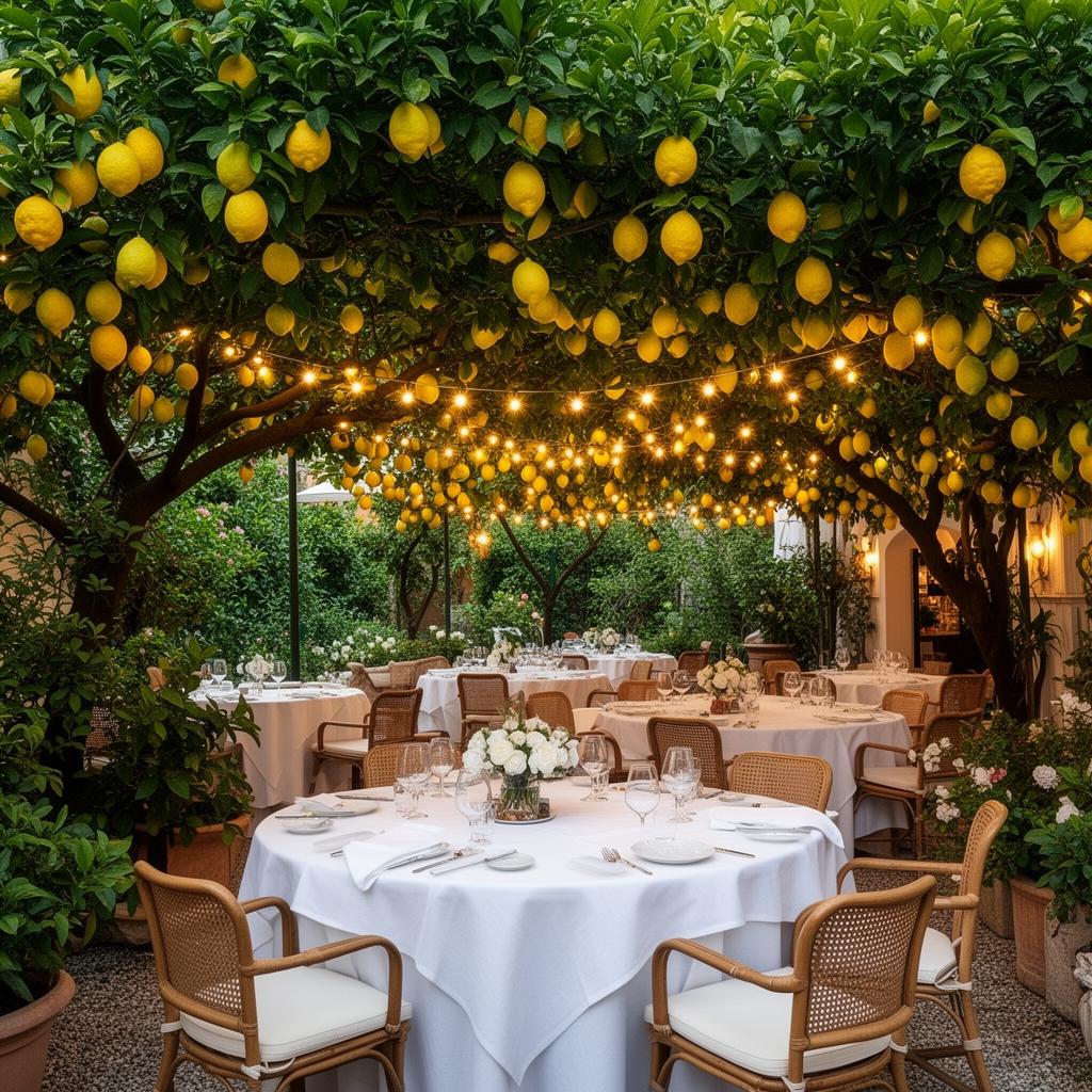 Da Paolino restaurant Capri Marina Grande iconic garden under a canopy of lemon trees with hanging lemons, white tablecloths and warm string lights at dusk