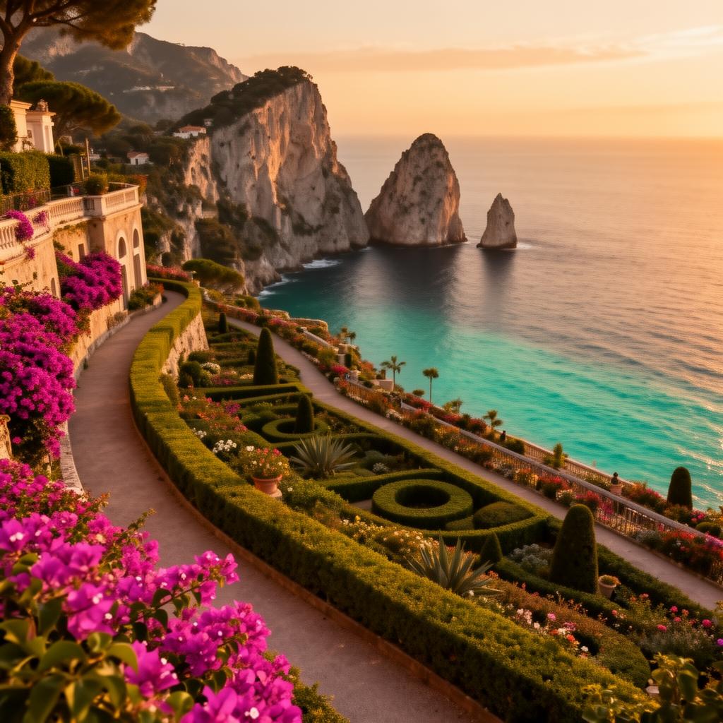 Gardens of Augustus Capri at golden hour with terraced Mediterranean garden, vibrant bougainvillea, manicured paths and a view to the Faraglioni rocks and turquoise sea