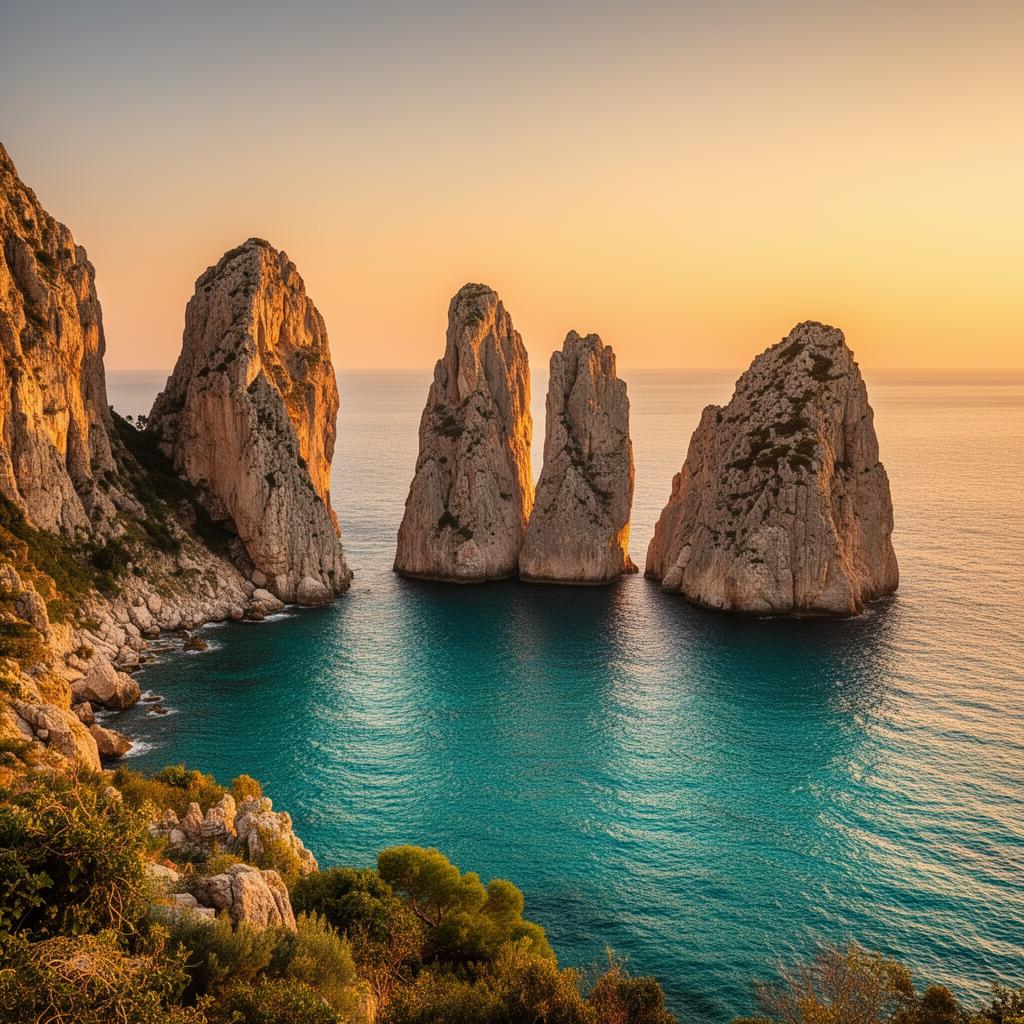 Faraglioni rock stacks Capri at golden hour with three dramatic limestone sea stacks rising from turquoise Mediterranean water seen from the Belvedere di Tragara