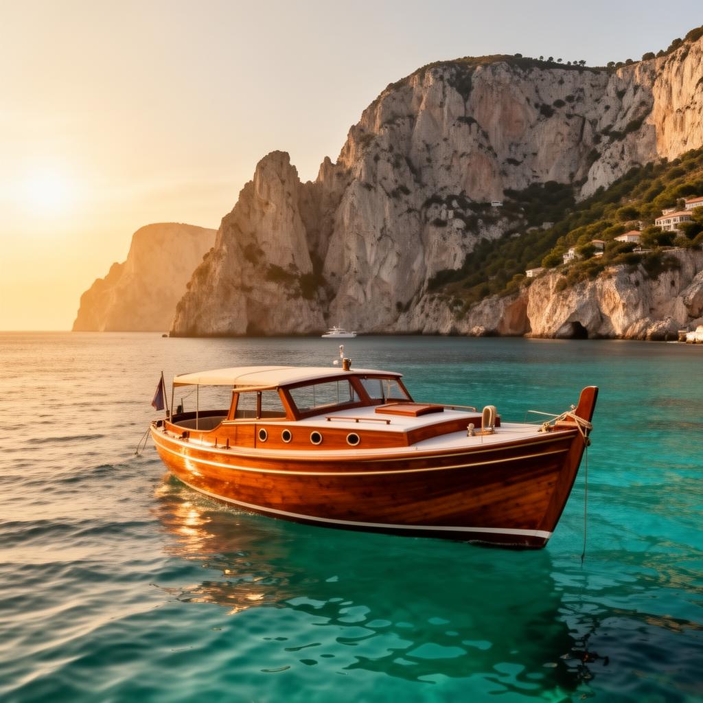 Classic wooden gozzo boat on the turquoise Mediterranean sea around Capri at golden hour with the limestone cliffs of the island in the background