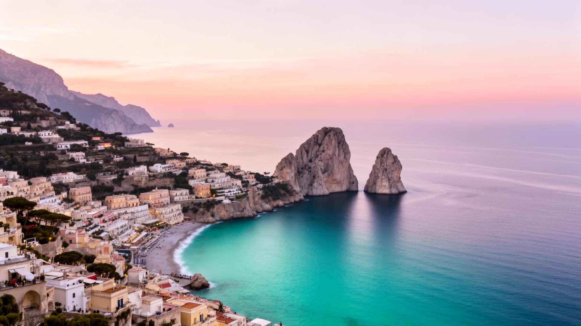 Capri panorama at first light from Anacapri overlooking the Faraglioni rock stacks rising from the turquoise Mediterranean sea with a soft pastel sunrise sky