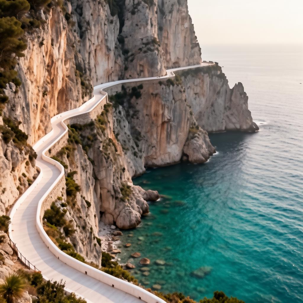Via Krupp Capri winding white path zigzagging down a vertical limestone cliff to the turquoise sea below at Marina Piccola in soft afternoon light