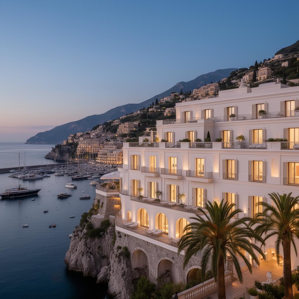 JK Place Capri boutique luxury hotel exterior at dusk overlooking Marina Grande with refined contemporary white Mediterranean architecture, palm trees and warm windows glowing