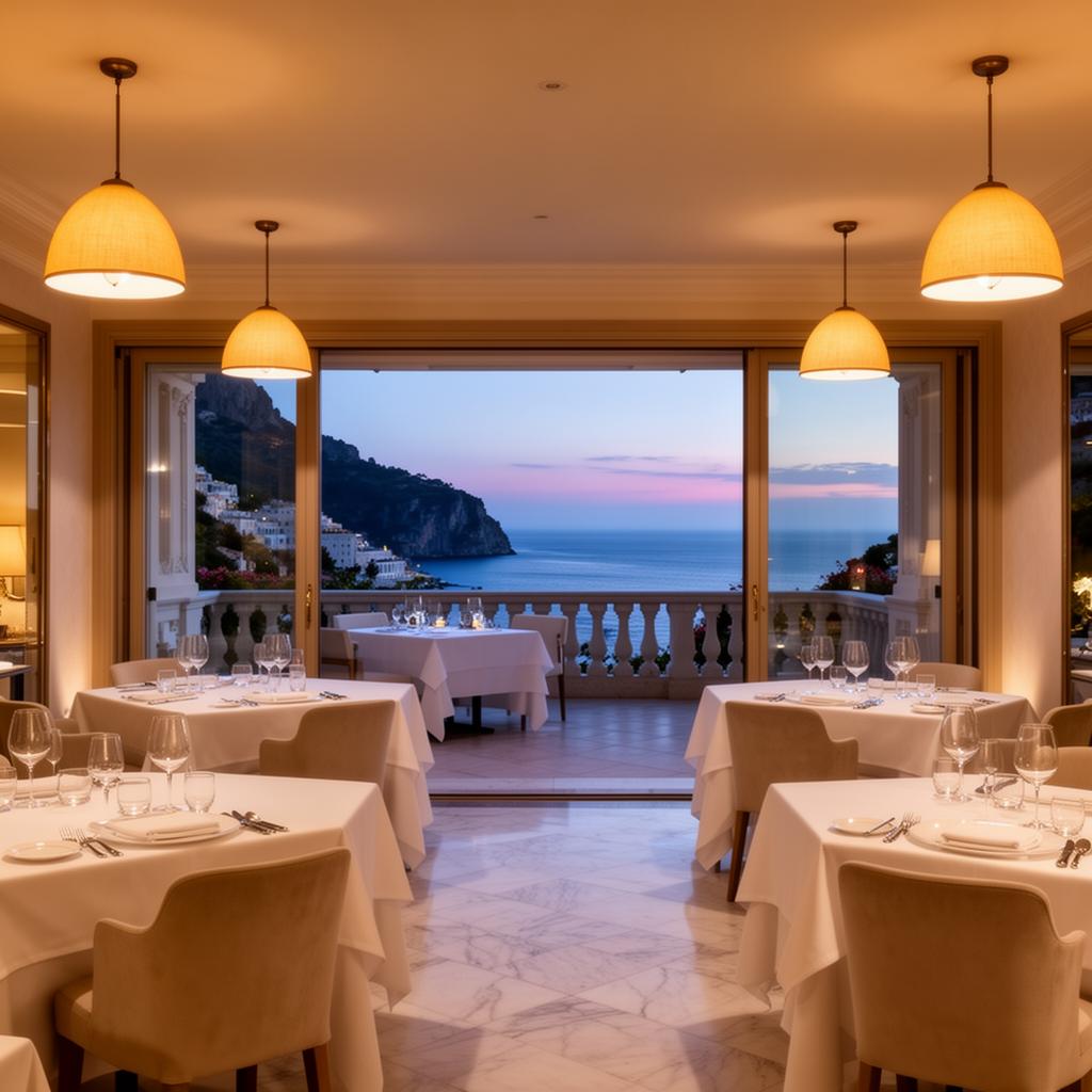 L'Olivo restaurant Capri Palace Anacapri refined two Michelin star fine dining room with white tablecloths, marble floor and large windows opening to the Mediterranean at dusk