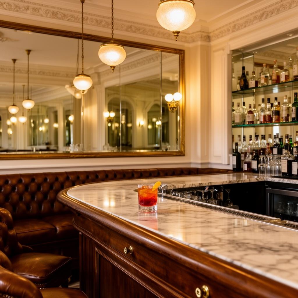 Quisi Bar at Grand Hotel Quisisana Capri classical Italian luxury hotel bar with marble counter, mirrored wall, warm pendant lighting, leather banquettes and a single negroni on the polished bar