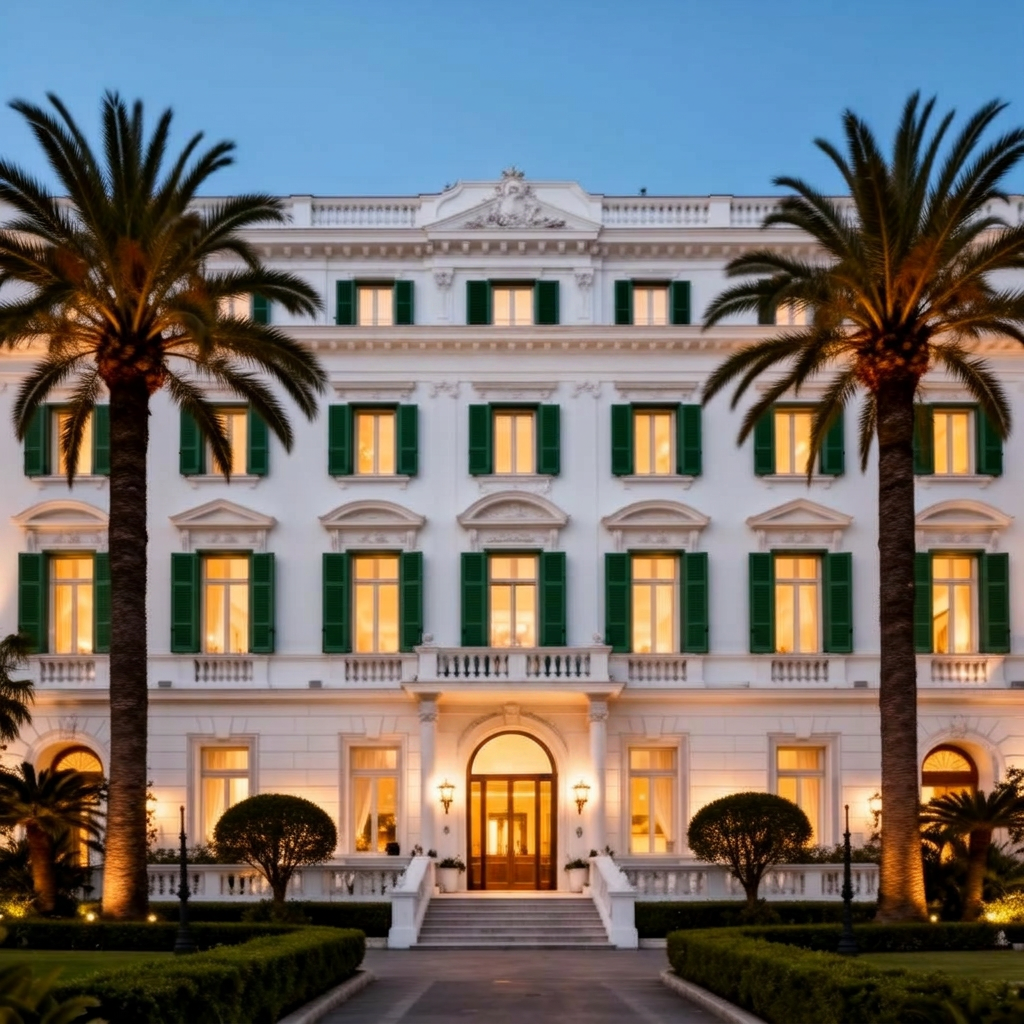 Grand Hotel Quisisana Capri classical 19th century white luxury hotel facade illuminated at dusk with green shutters and palm trees