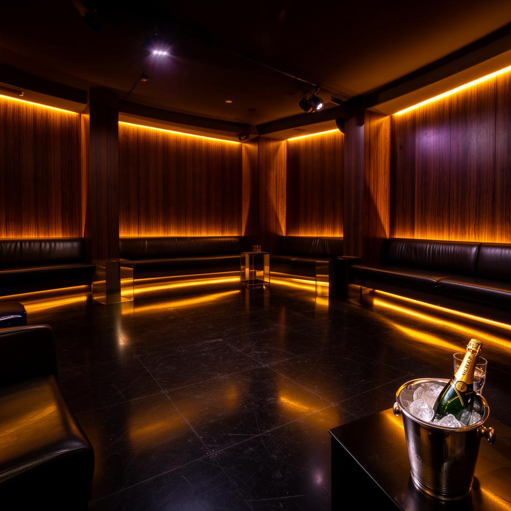 VV Club Capri refined upscale nightclub interior with dramatic warm amber LED lighting, dark wood paneling, leather booths, polished black floor and a single bottle of champagne in an ice bucket