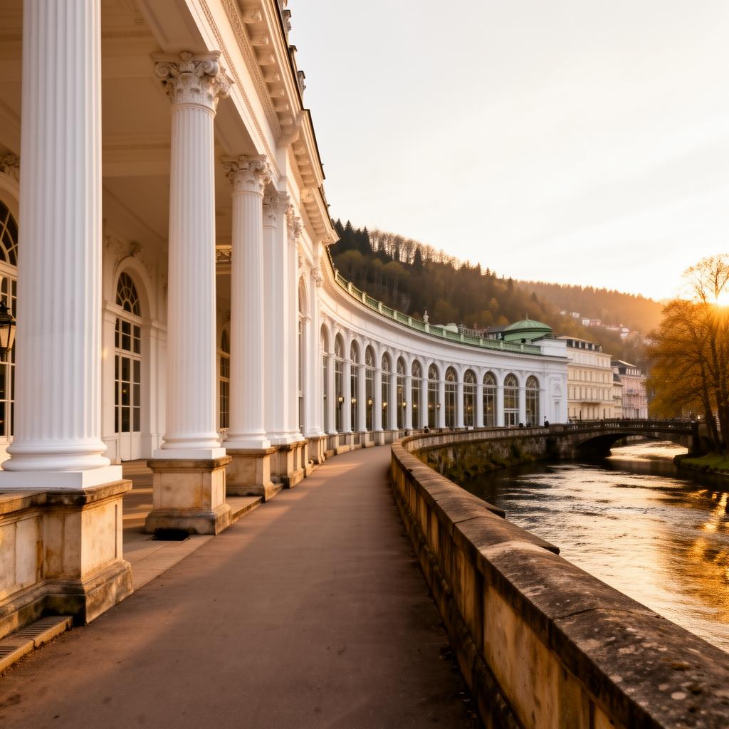 Mill Colonnade Karlovy Vary white neoclassical colonnade with Corinthian columns and sandstone arcade beside the Teplá river at golden hour