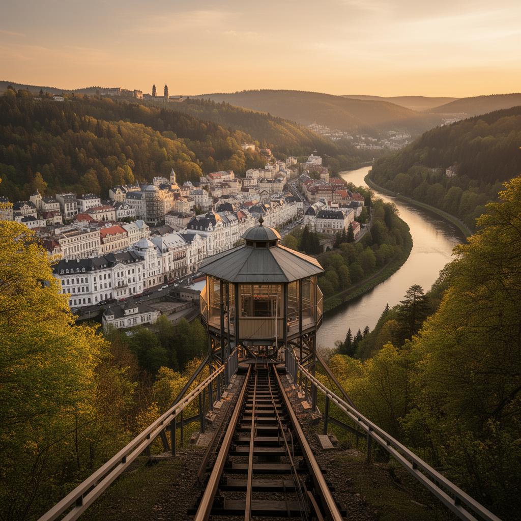 Diana Lookout Tower Karlovy Vary view from the funicular over the white pastel spa town in a forested valley with the Teplá river at golden hour